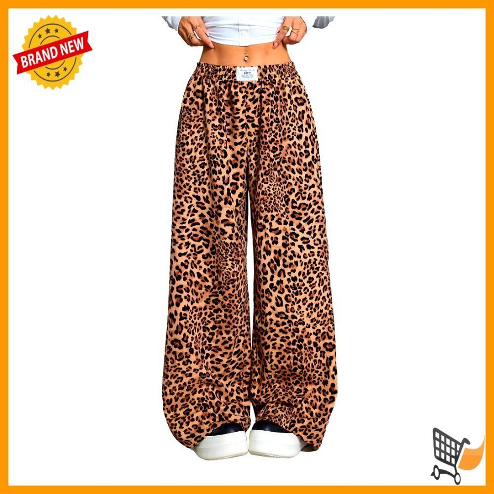 Wide Leg Trousers Elastic High Waist Letter Patched Cheetah Print Pants Y2K